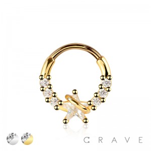 316L SURGICAL STEEL MULTI ROUND CZ STAR RING SEPTUM HINGED SEGMENT HOOP RING